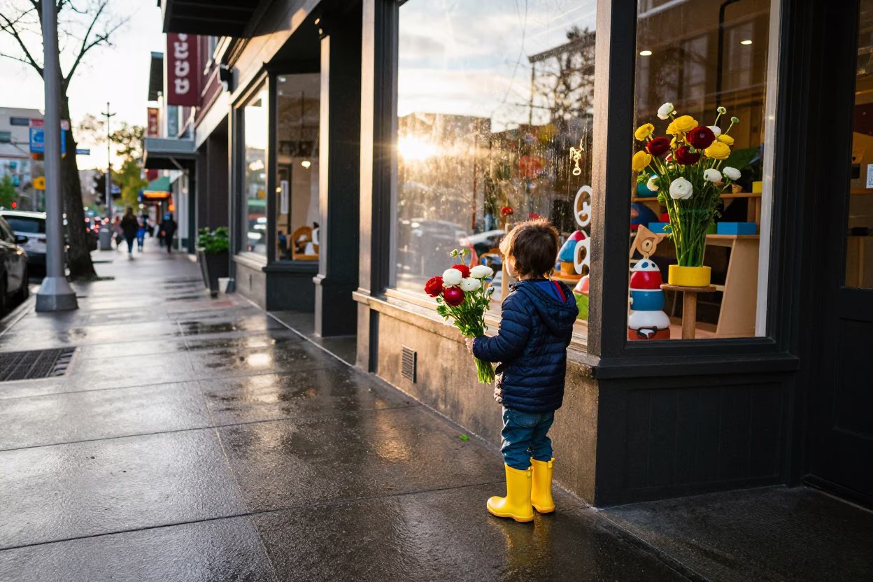 Portland Oregon Street Scene Golden Hour with Ranunculus Bouquet and Preschool Rain Boots in in Portland, Oregon, United States