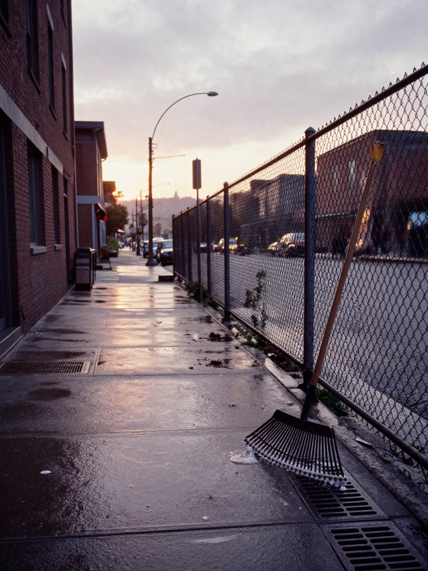 Portland Oregon Street Scene Just After Sunrise with Rake Head and Soap Residue in in Portland, Oregon, United States