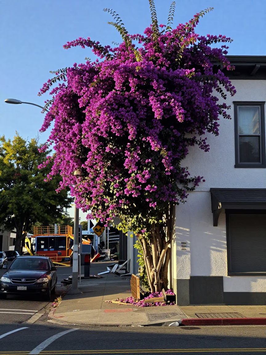 Portland Oregon Street Scene with Bougainvillea and Construction Debris in Late Afternoon Light in in Portland, Oregon, United States