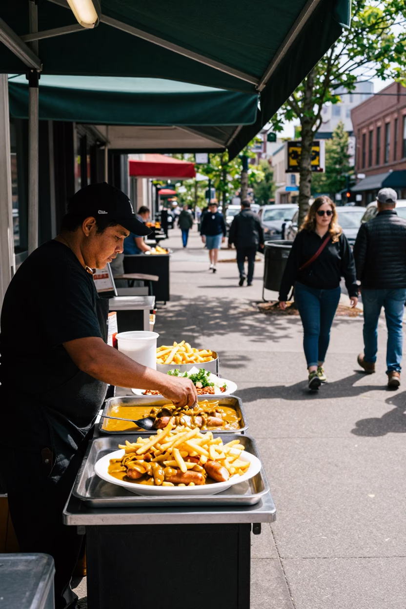 Portland Oregon Street Scene with Food Vendors and Urban Pedestrians at Noon in in Portland, Oregon, United States