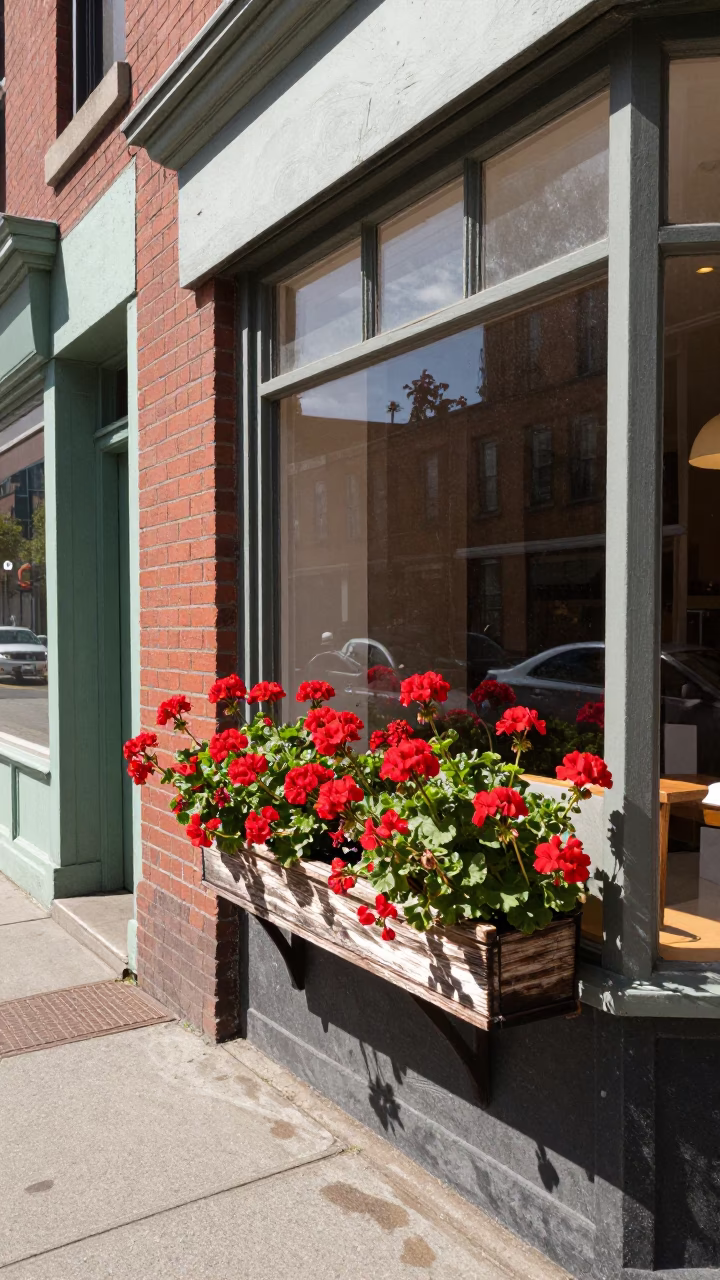 Portland Oregon Street Scene with Geraniums and Vintage 1980s Elements in in Portland, Oregon, United States