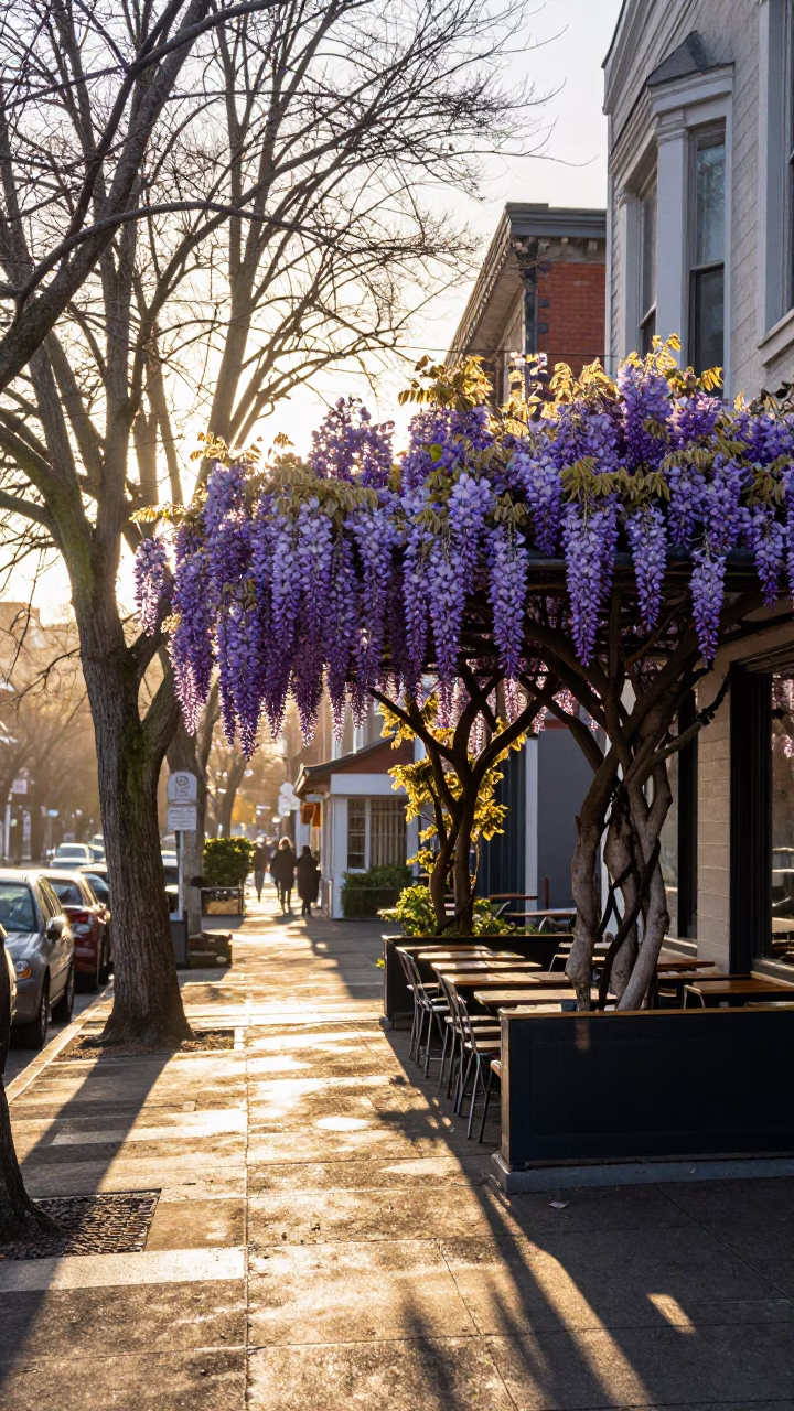 Portland Oregon Street Scene with Wisteria and Morning Light in in Portland, Oregon, United States