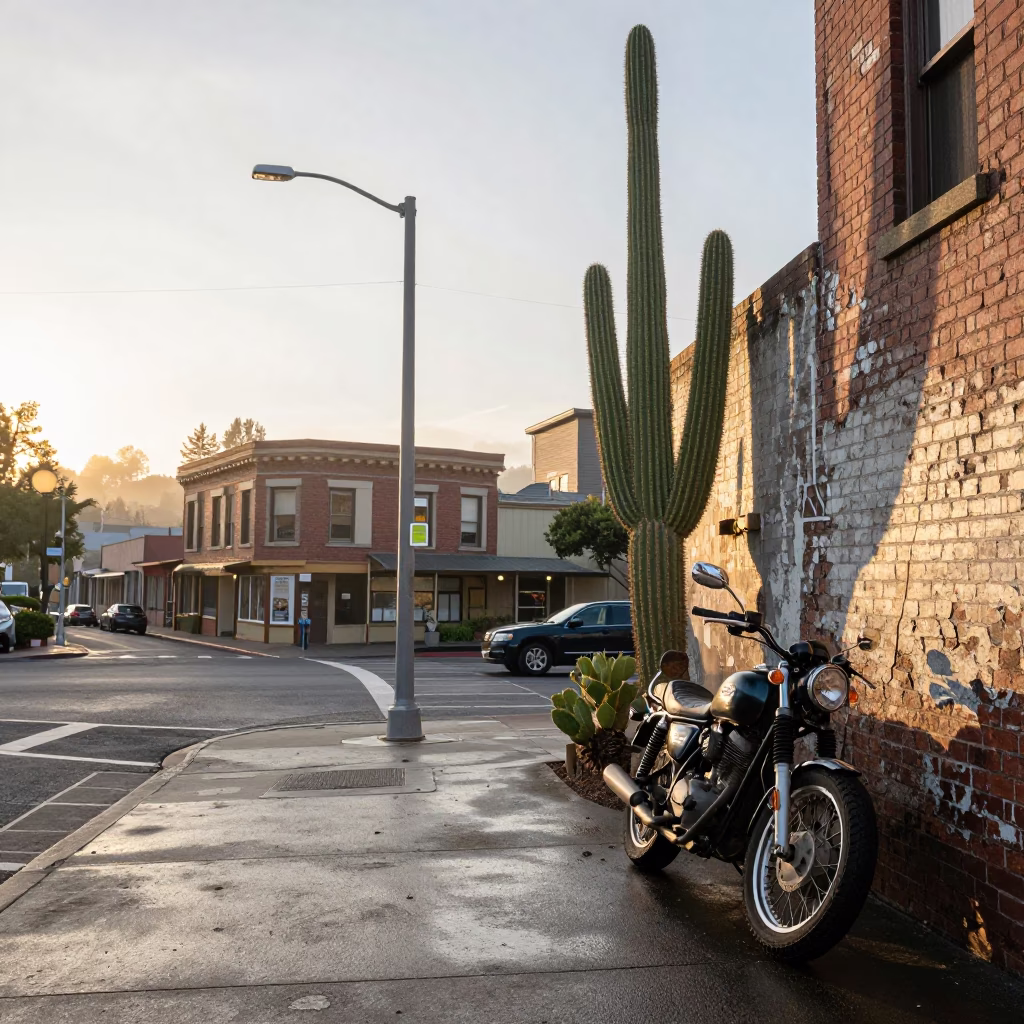Portland Oregon Sunrise Street Scene with Prickly Pear Cactus and Vintage Motorcycle in in Portland, Oregon, United States