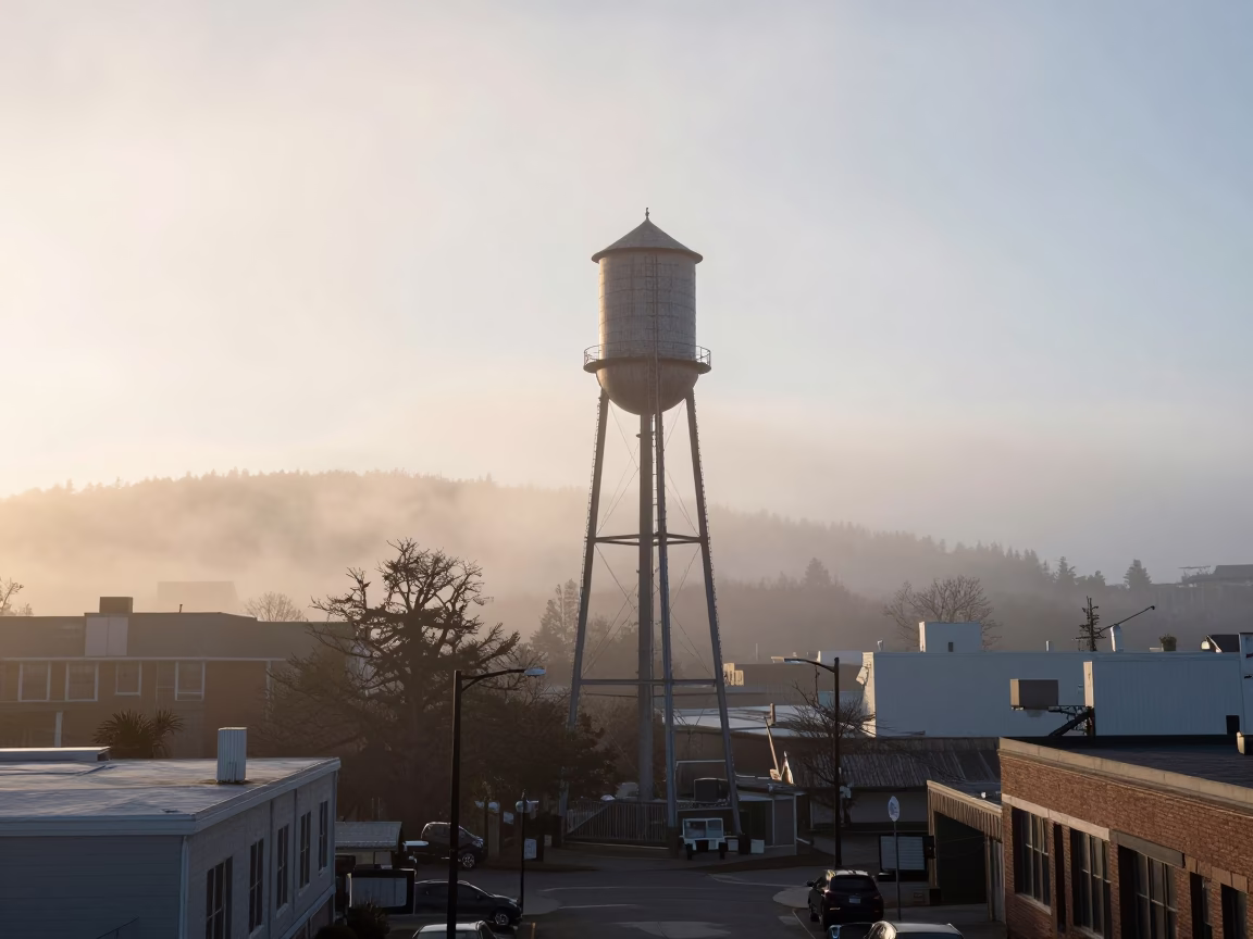 Portland Oregon Sunrise Street Scene with Water Tower and Urban Morning Activity in in Portland, Oregon, United States