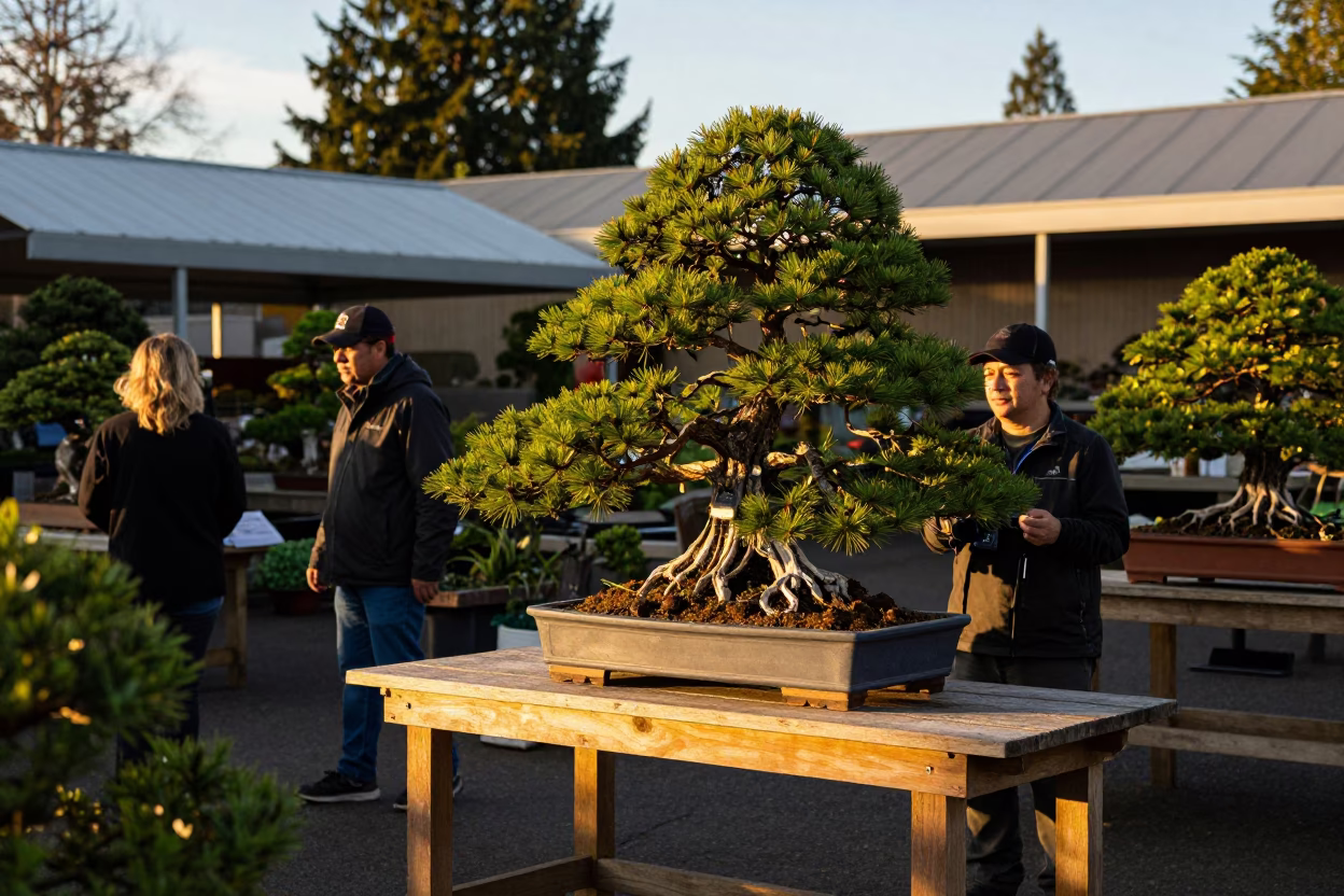 Portland Oregon Sunset Bonsai Pine Display at Local Garden Center in in Portland, Oregon, United States