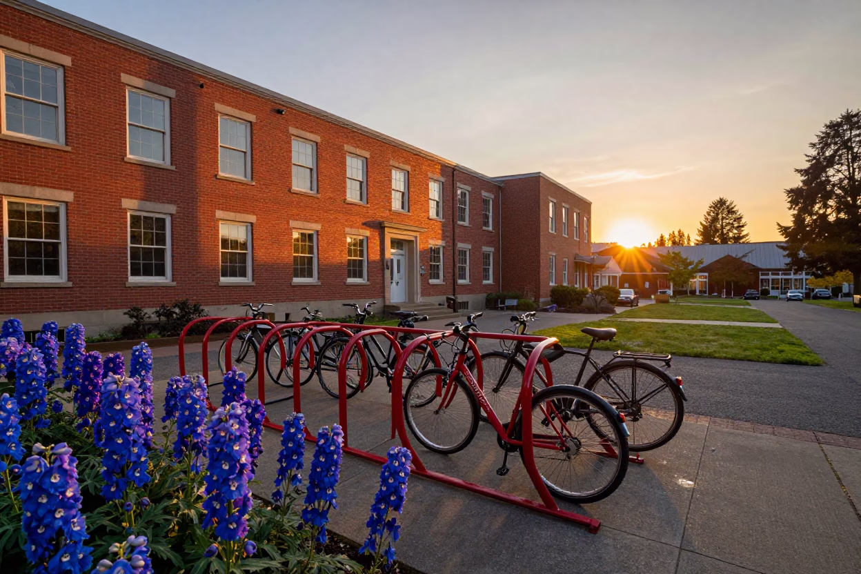 Portland Oregon Sunset Delphinium Border and Campus Bicycle Rack Red Brick Building in in Portland, Oregon, United States