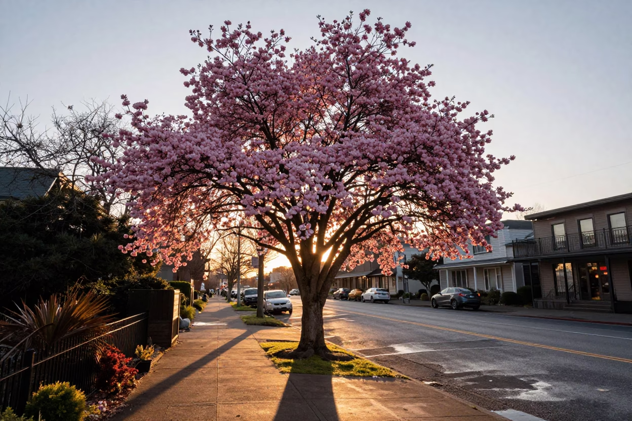Portland Oregon Sunset Dogwood Tree and Street Scene at Dusk in in Portland, Oregon, United States