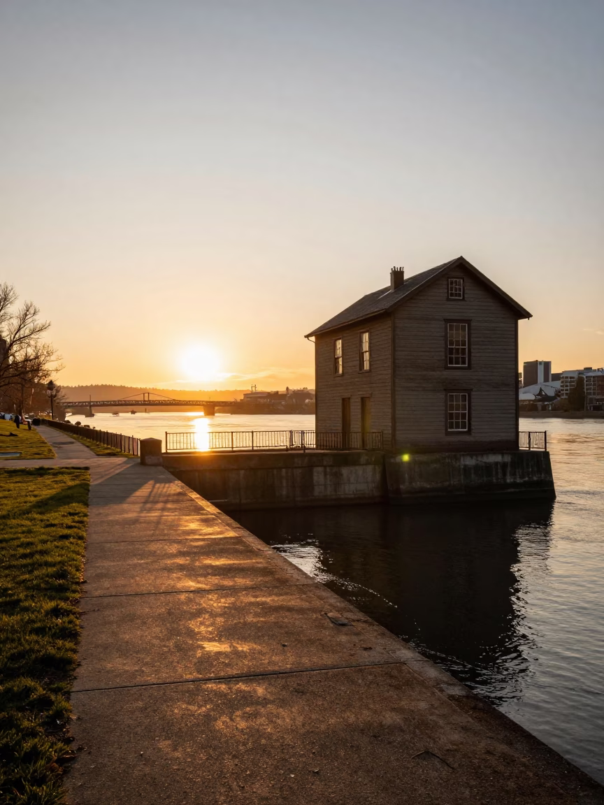 Portland Oregon Sunset Levee Pump House Window Glowing Over Floodwater in in Portland, Oregon, United States