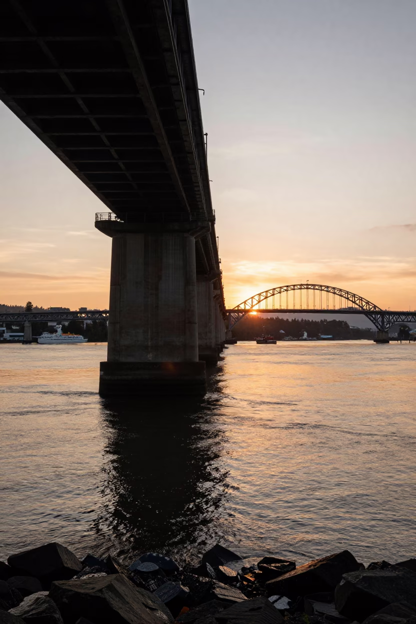 Portland Oregon Sunset Over Bridge Pier Cutwater Splitting Brown Willamette River Current in in Portland, Oregon, United States