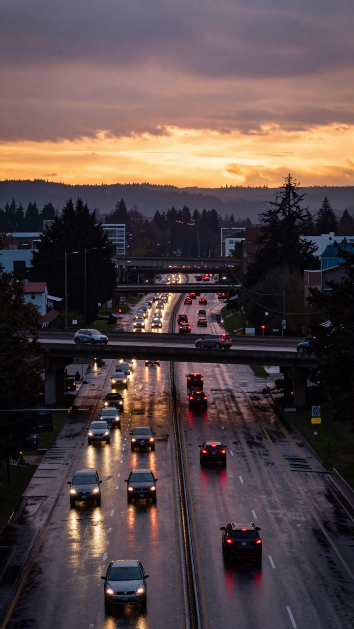 Portland Oregon Sunset Overpass Interchange Glowing with Taillights After Rain in in Portland, Oregon, United States
