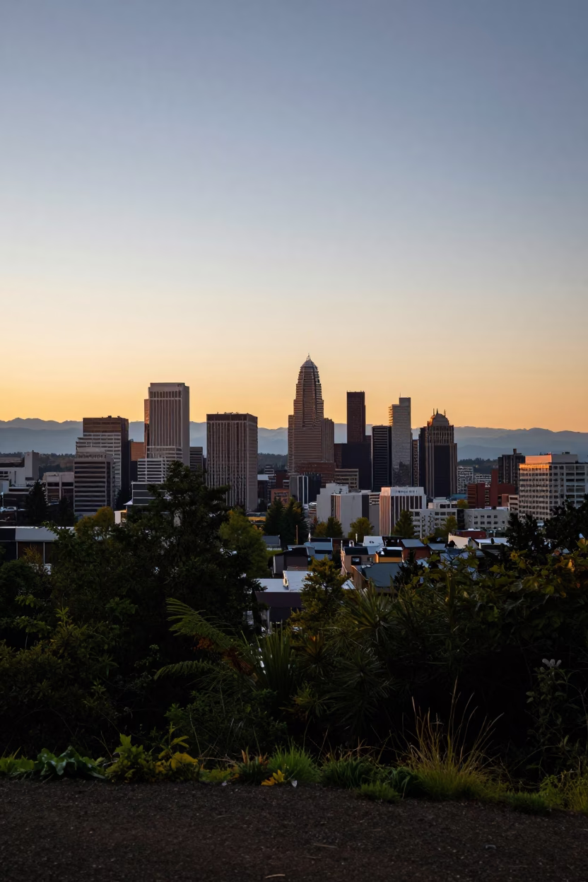 Portland Oregon Sunset Skyline View from Forest Park Trail with Cedar Trees in in Portland, Oregon, United States