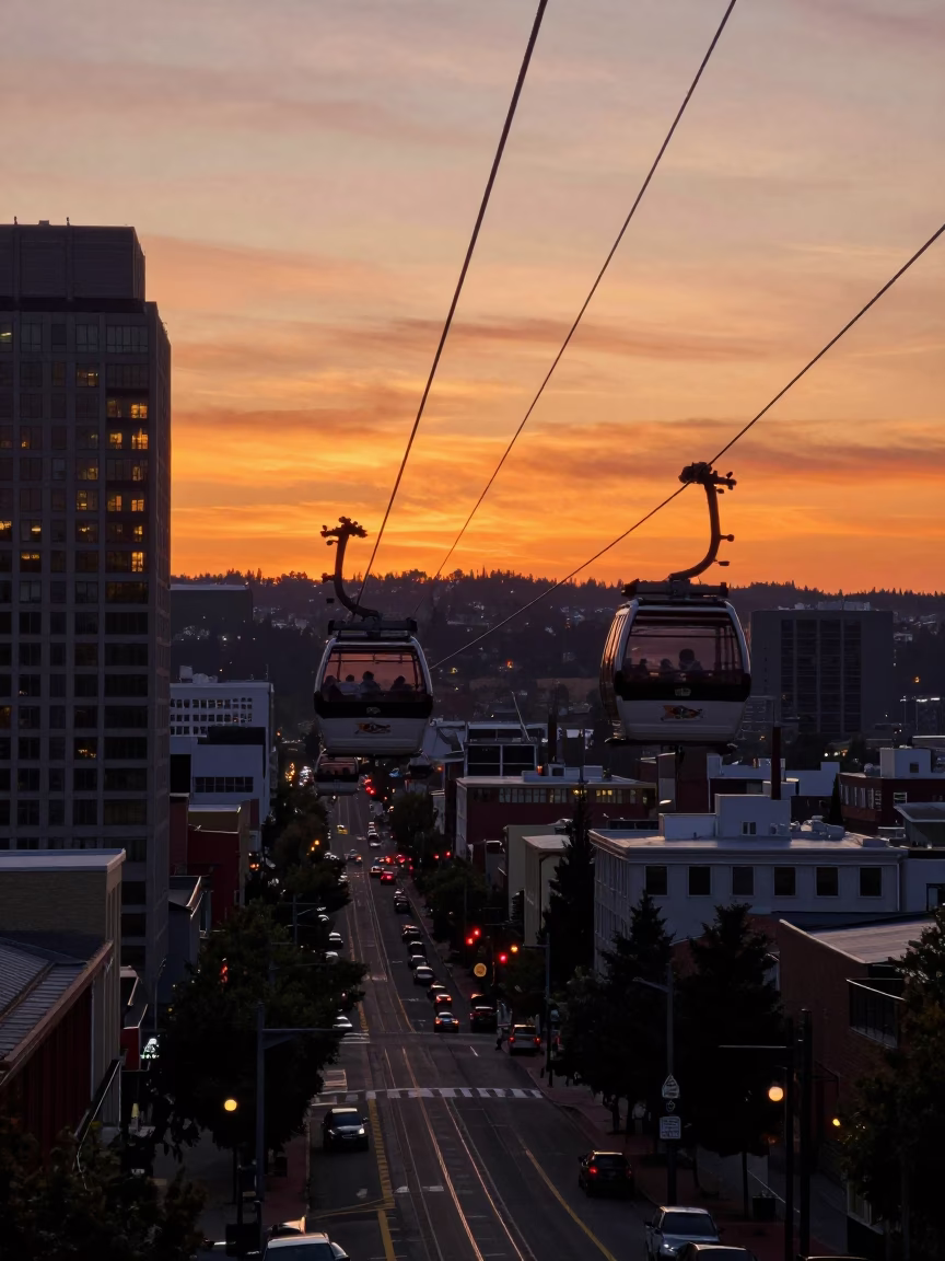 Portland Oregon Sunset Street Scene with Aerial Tramway and Urban Architecture in in Portland, Oregon, United States