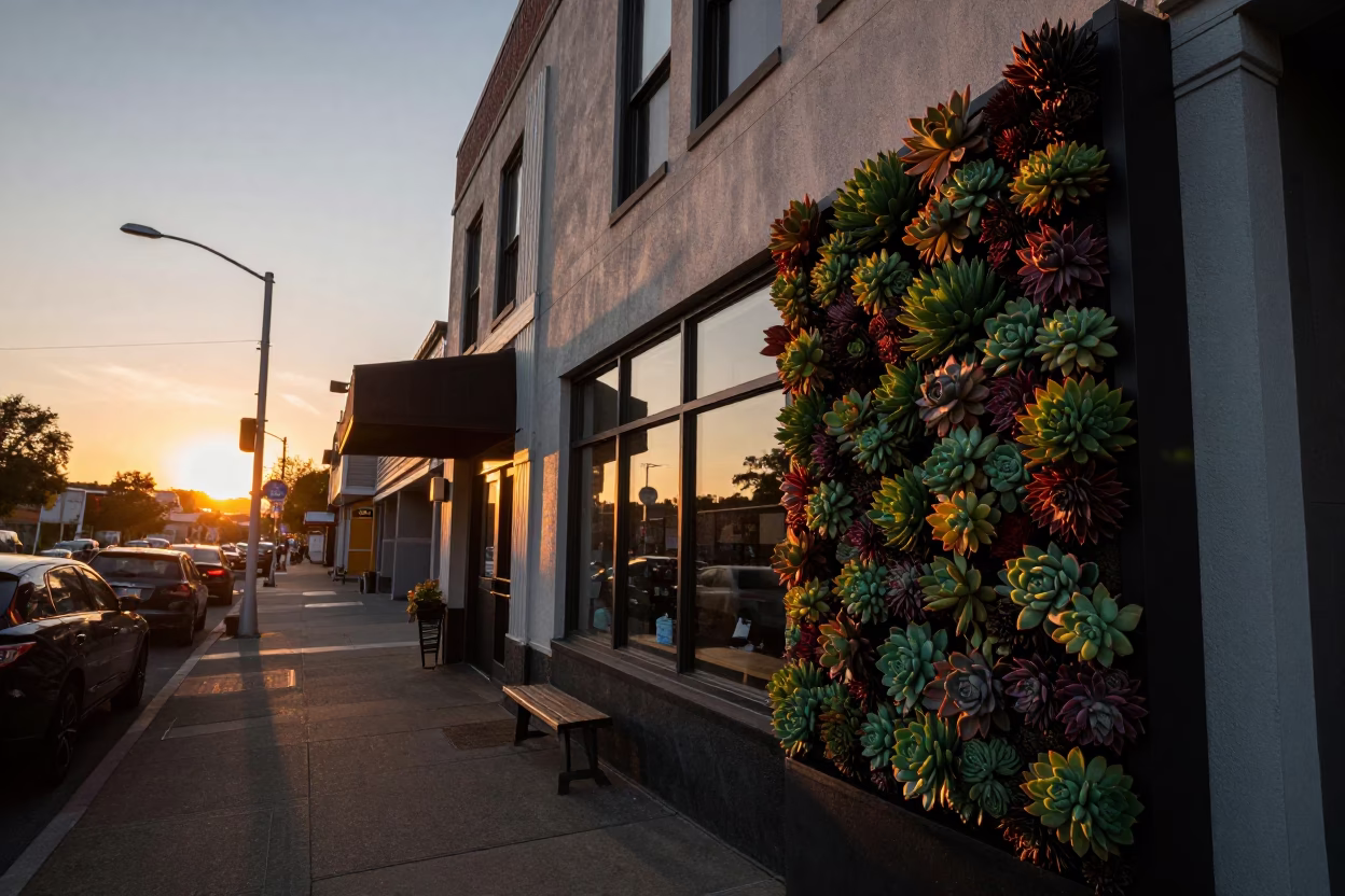 Portland Oregon Sunset Street Scene with Cafe Succulent Living Wall and Wet Urban Interchange in in Portland, Oregon, United States