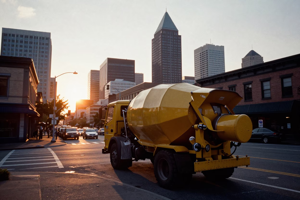 Portland Oregon Sunset Street Scene With Cement Mixer and Vintage Cars in in Portland, Oregon, United States