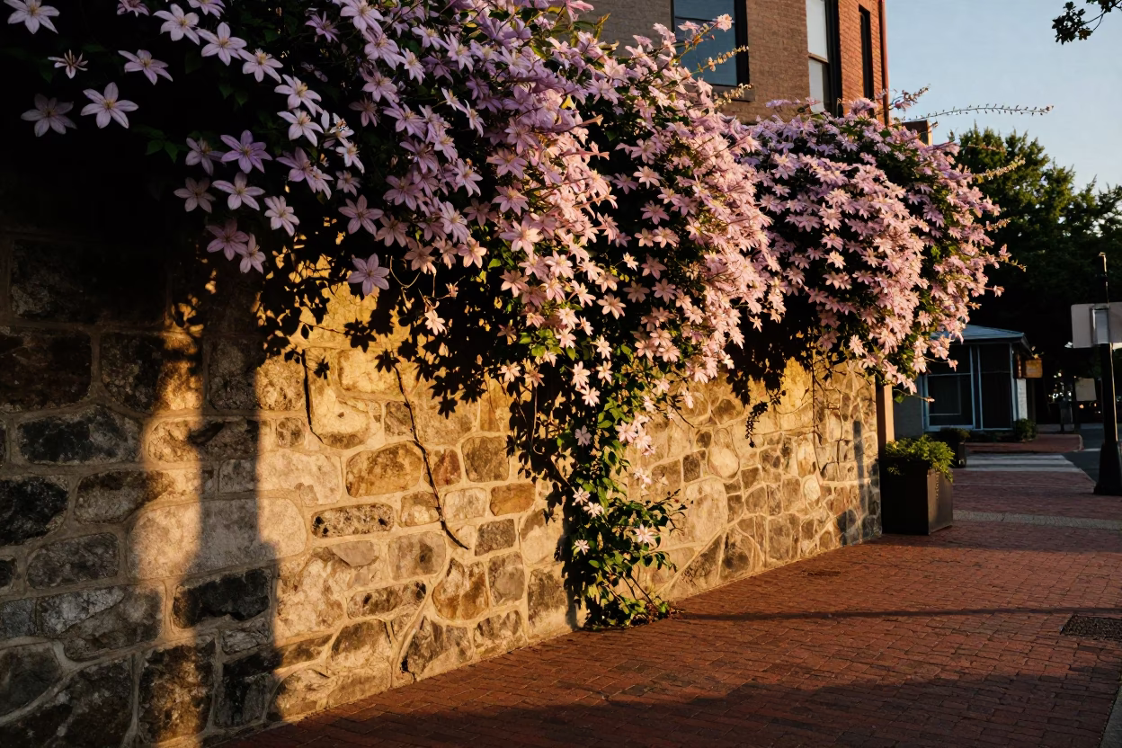 Portland Oregon Sunset Street Scene with Clematis Vine and Urban Architecture in in Portland, Oregon, United States