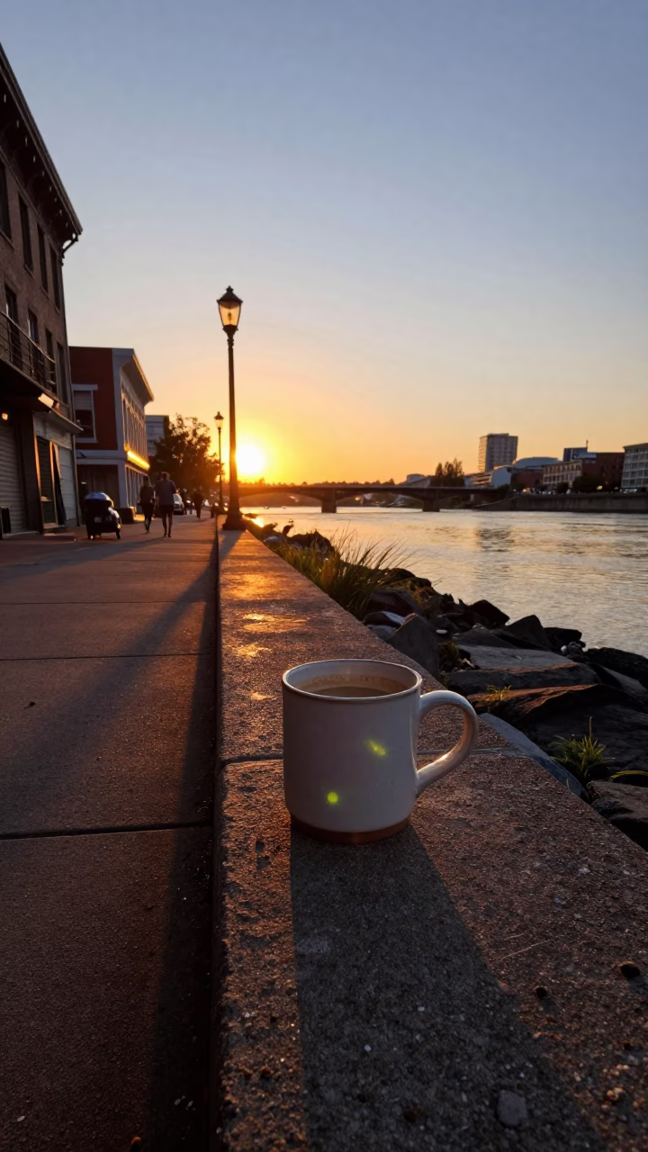Portland Oregon Sunset Street Scene with Coffee Cup and Urban Background in in Portland, Oregon, United States