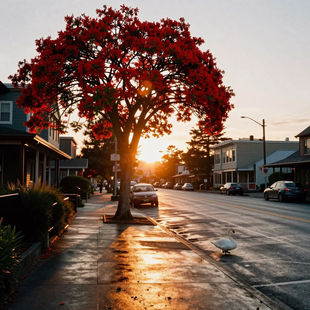 Portland Oregon Sunset Street Scene with Flame Tree and Swan Boat in in Portland, Oregon, United States