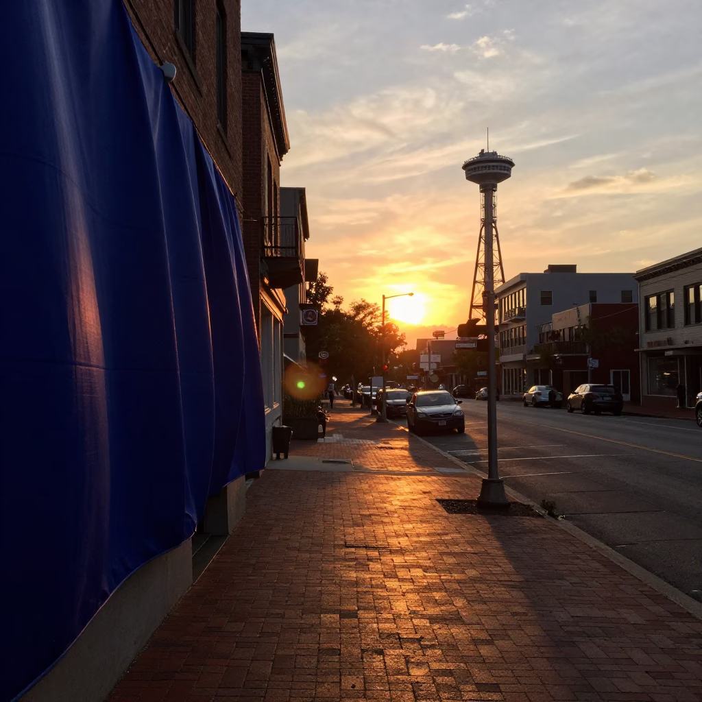 Portland Oregon Sunset Street Scene with Indigo Fabric and Urban Details in in Portland, Oregon, United States