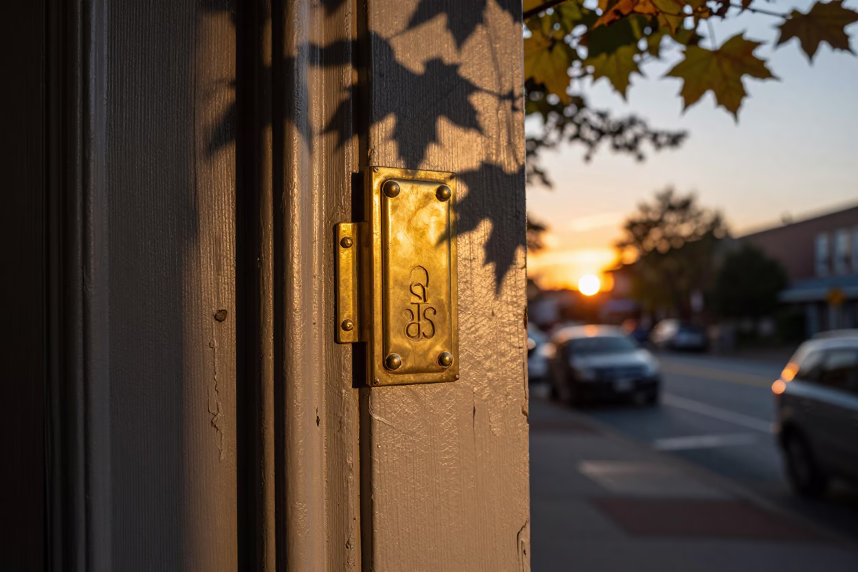 Portland Oregon Sunset Street Scene with Leaf Shadows and Brass Details in in Portland, Oregon, United States