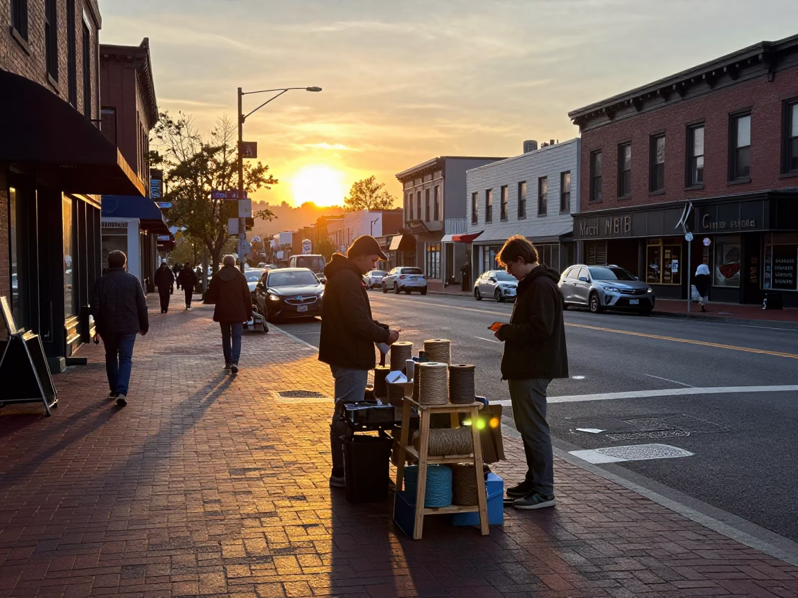 Portland Oregon Sunset Street Scene with Local Artisans and Urban Details in in Portland, Oregon, United States