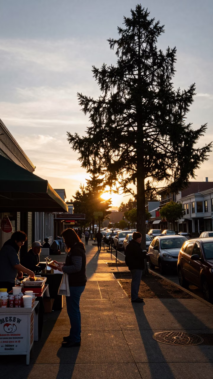 Portland Oregon Sunset Street Scene with Local Food and Urban Life in in Portland, Oregon, United States