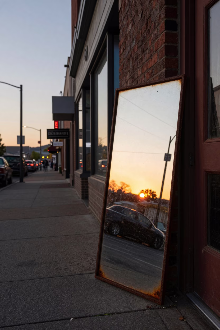 Portland Oregon Sunset Street Scene with Rusty Mirror and Door Mats in in Portland, Oregon, United States