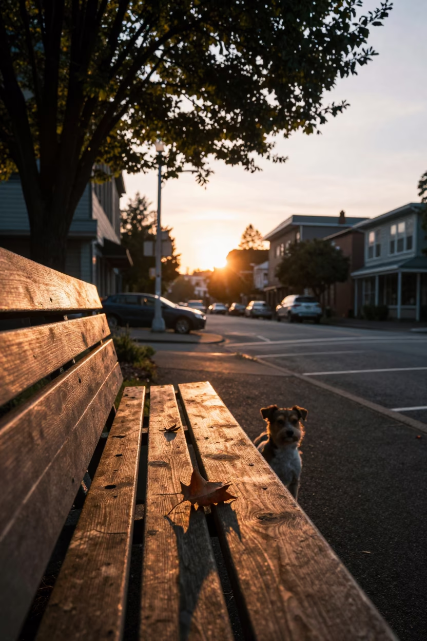 Portland Oregon Sunset Street Scene with Small Dog and Leaf Shadows in in Portland, Oregon, United States