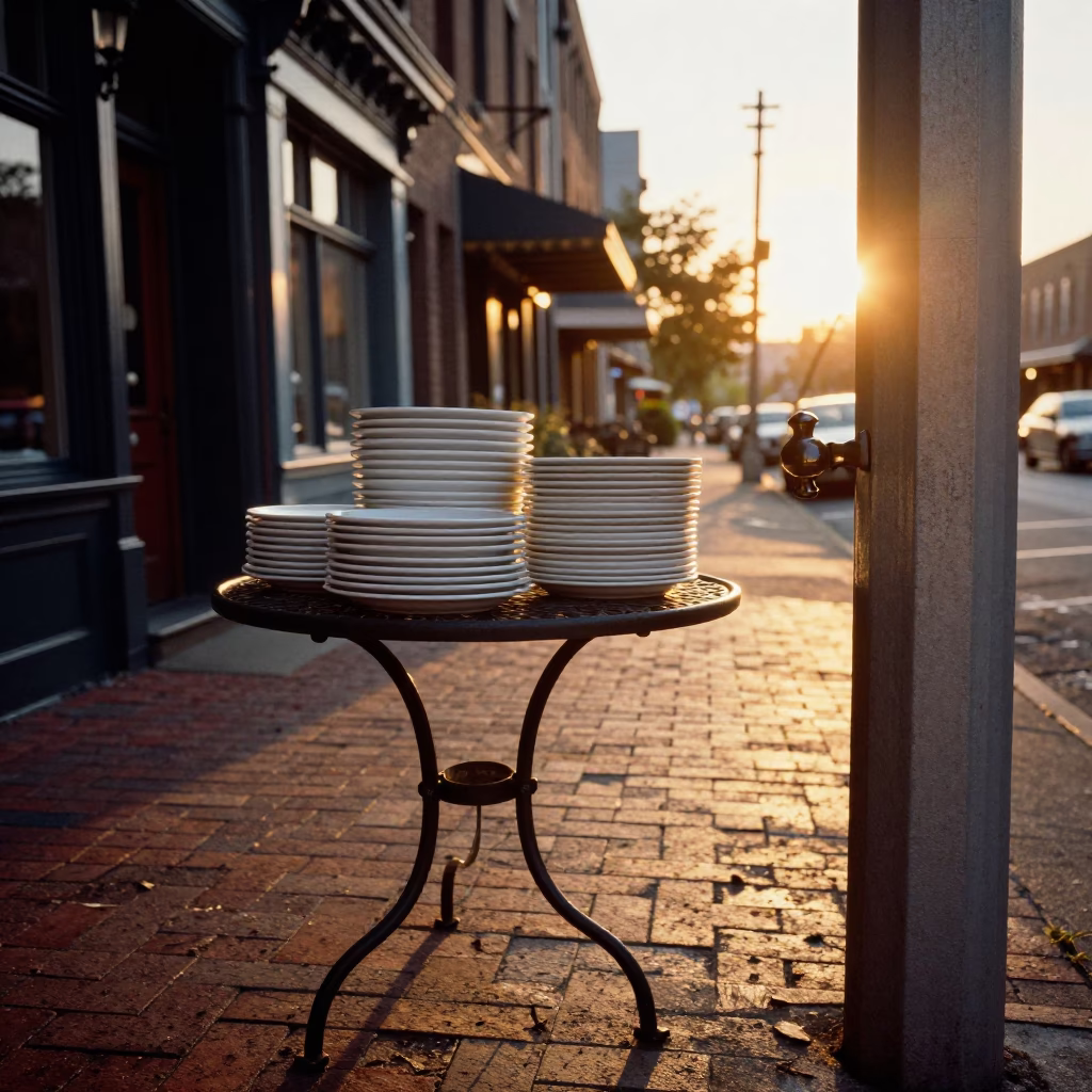 Portland Oregon Sunset Street Scene with Stacked Plates and Doorknob in in Portland, Oregon, United States