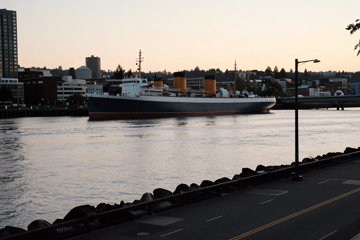Portland Oregon Sunset Street Scene with Steamship and Urban Decay in in Portland, Oregon, United States