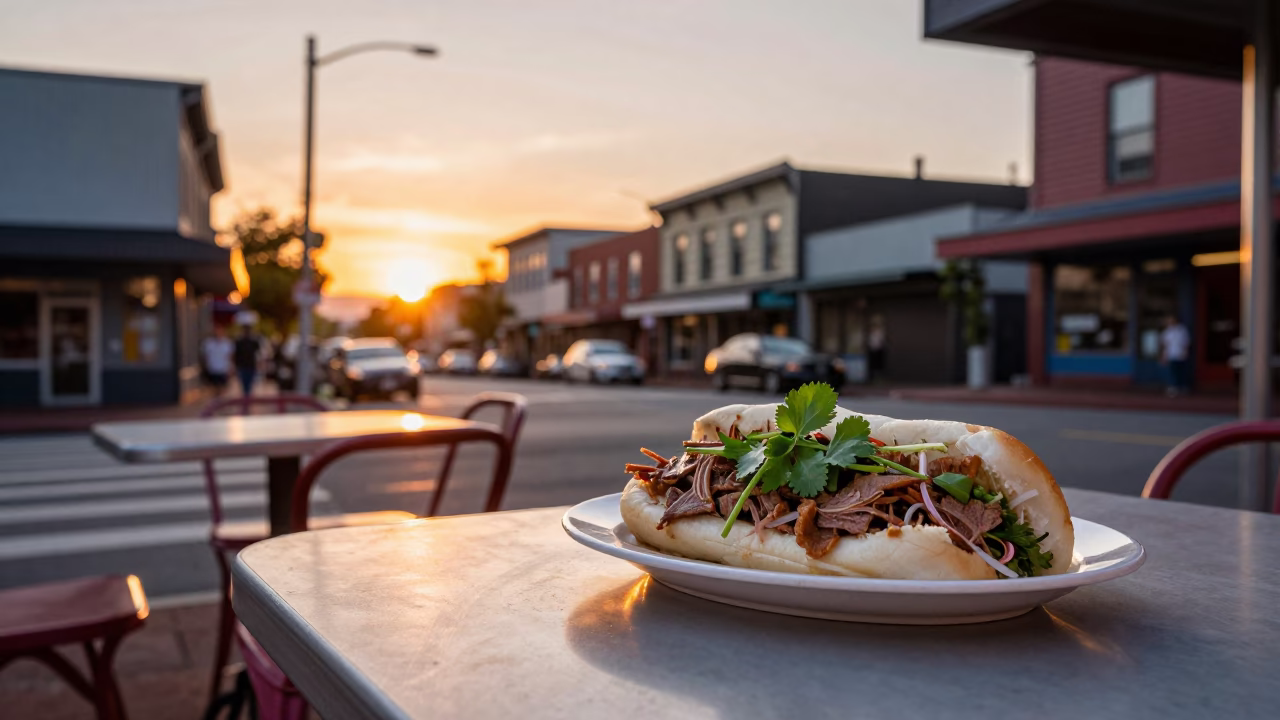 Portland Oregon Sunset Street Scene with Vietnamese Bun Cha and Herbs at Golden Hour in in Portland, Oregon, United States