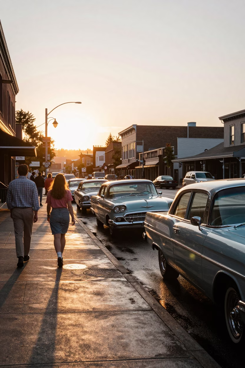 Portland Oregon Sunset Street Scene with Vintage Cars and Local Pedestrians in in Portland, Oregon, United States