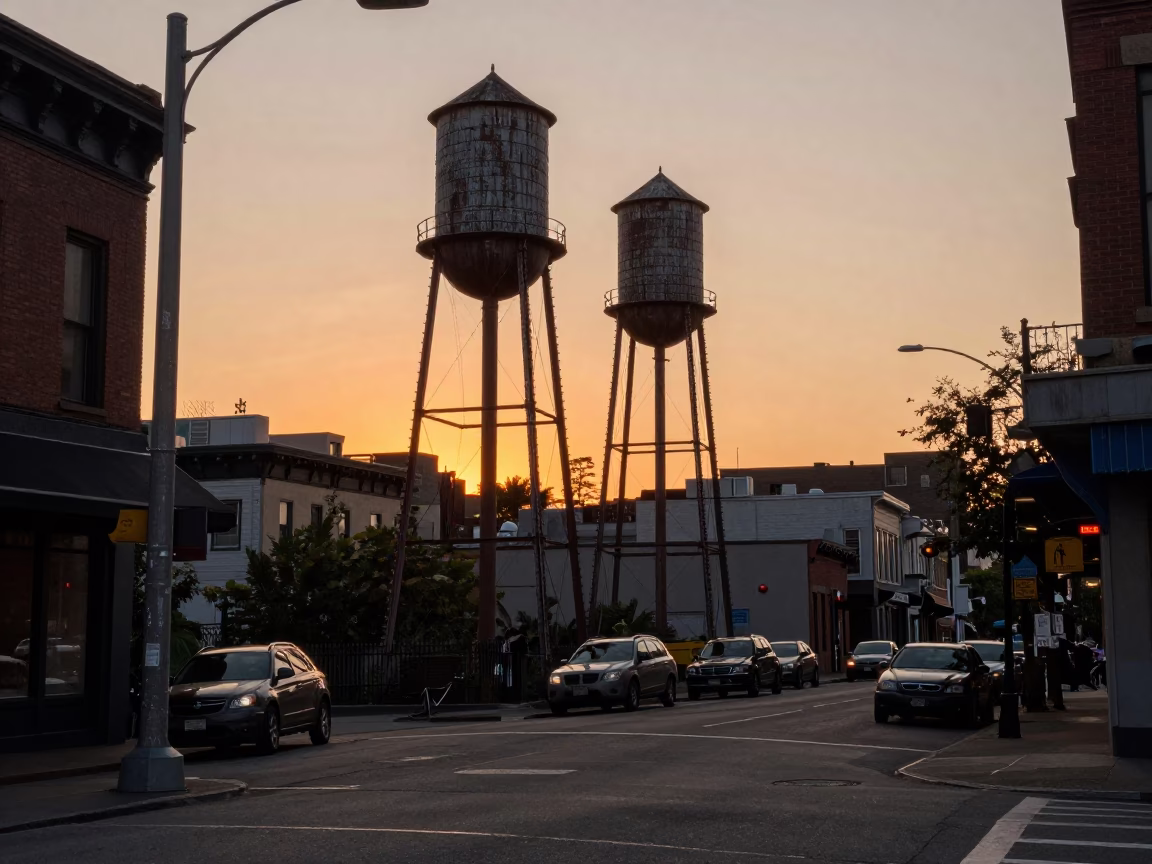 Portland Oregon Sunset Street Scene with Water Tower and Leather Basketball in in Portland, Oregon, United States