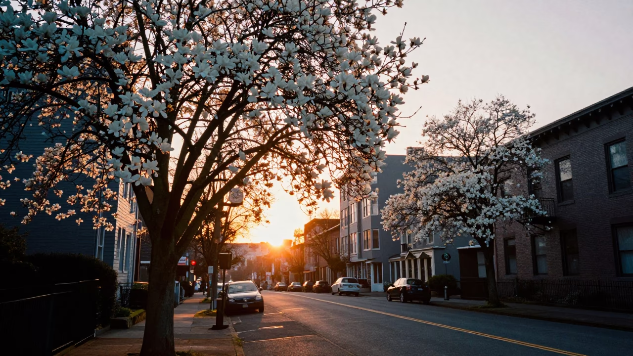 Portland Oregon Sunset View of Magnolia Tree and Urban Street Scene in in Portland, Oregon, United States