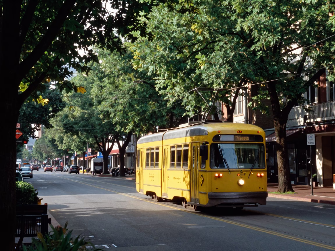 Portland Oregon Tramcar on Tree Lined Boulevard in Early Afternoon Light in in Portland, Oregon, United States