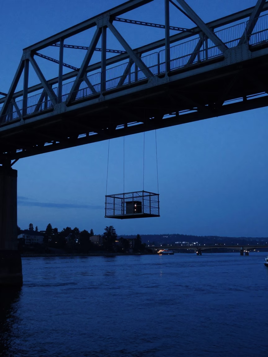 Portland Oregon Twilight Bridge Maintenance Cage and River Traffic in in Portland, Oregon, United States
