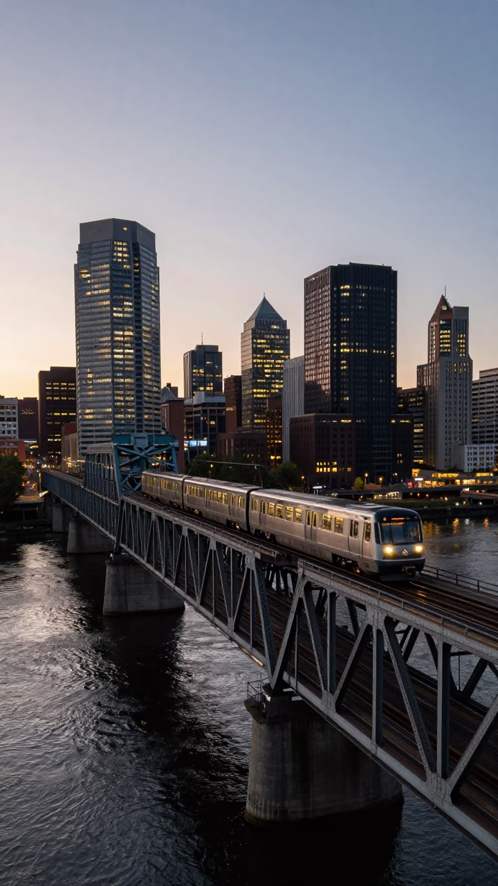 Portland Oregon Twilight Commuter Train Crossing Bridge with City Lights in in Portland, Oregon, United States