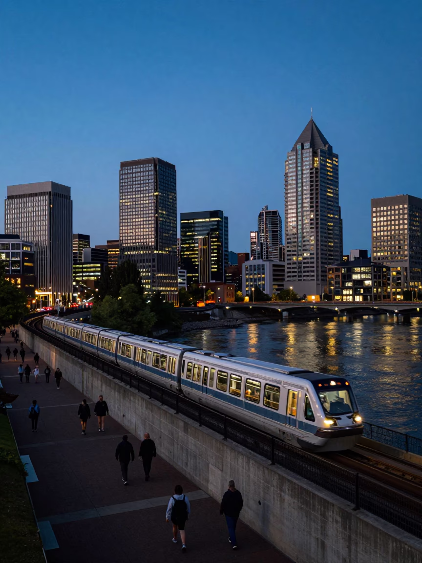Portland Oregon Twilight Monorail River View with Urban Street Life at Blue Hour in in Portland, Oregon, United States