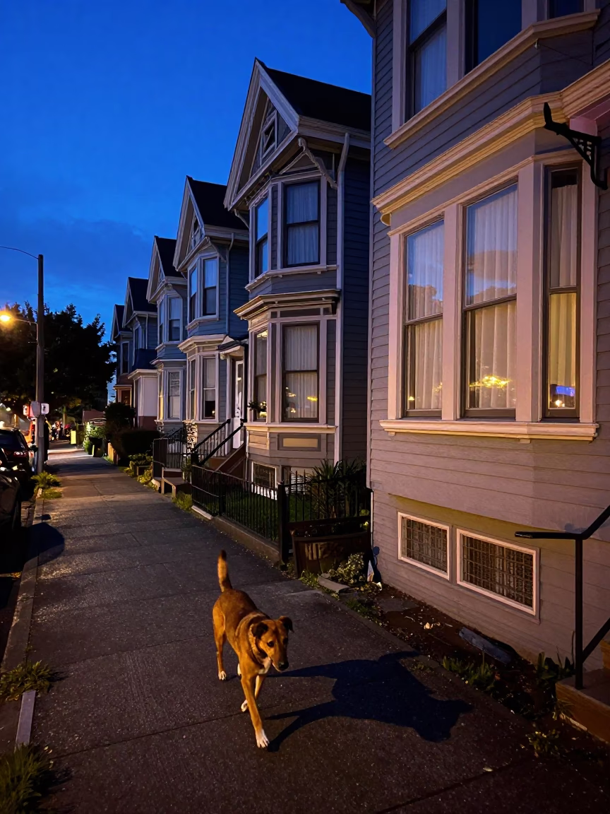 Portland Oregon Twilight Street Scene with Brown Dog and Window Boxes in in Portland, Oregon, United States