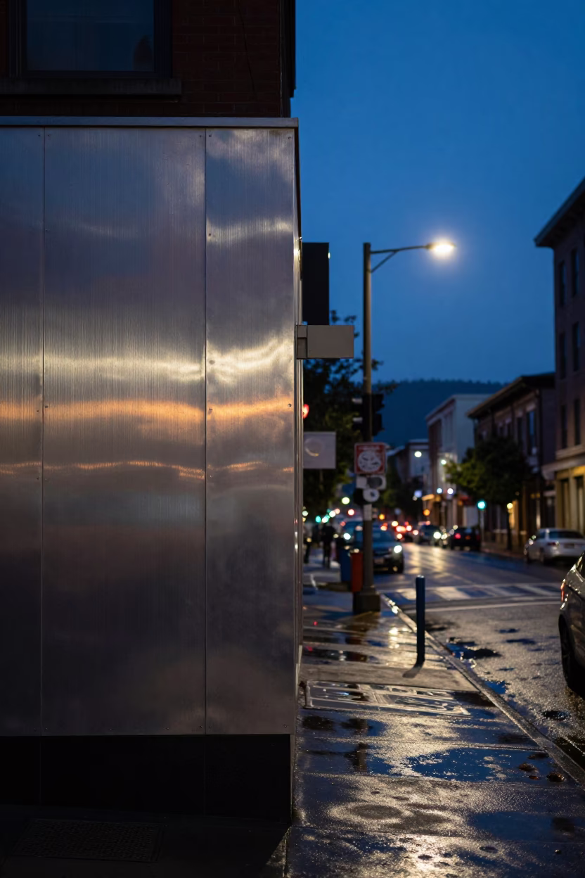 Portland Oregon Twilight Street Scene with Brushed Steel and Wet Pavement Reflections in in Portland, Oregon, United States