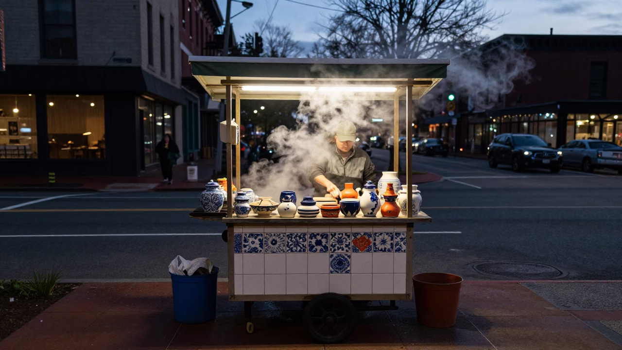 Portland Oregon Twilight Street Scene With Ceramic Tiles And Steam Haze in in Portland, Oregon, United States