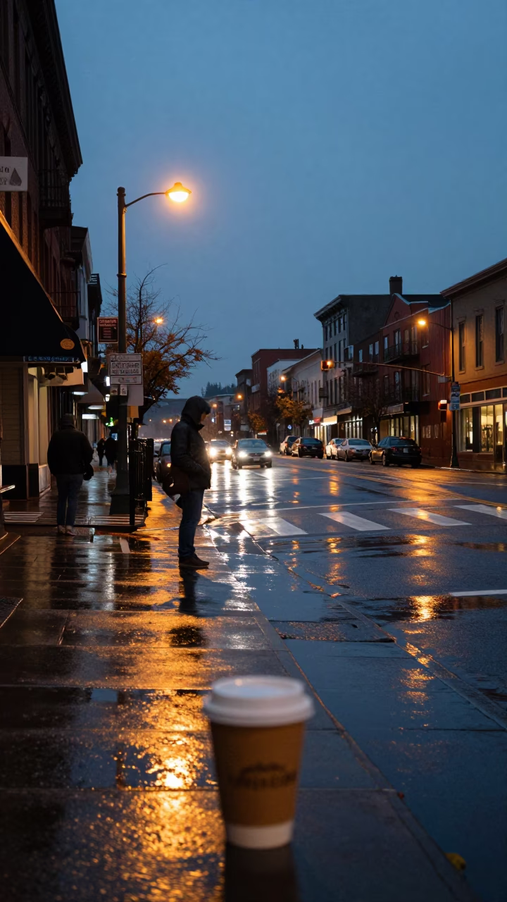 Portland Oregon Twilight Street Scene with Coffee Cup and Rain-Slicked Sidewalk in in Portland, Oregon, United States