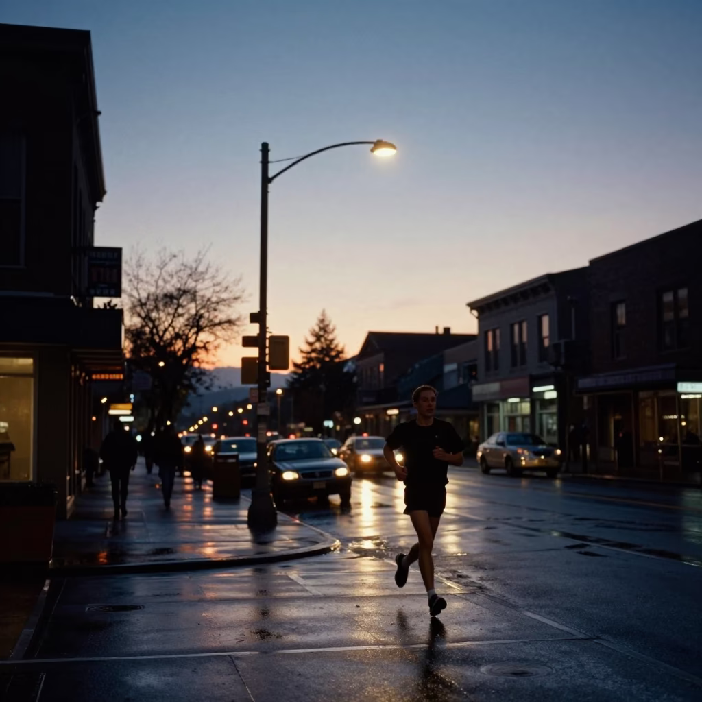 Portland Oregon Twilight Street Scene with Condensation on Runner and Urban Landscape in in Portland, Oregon, United States