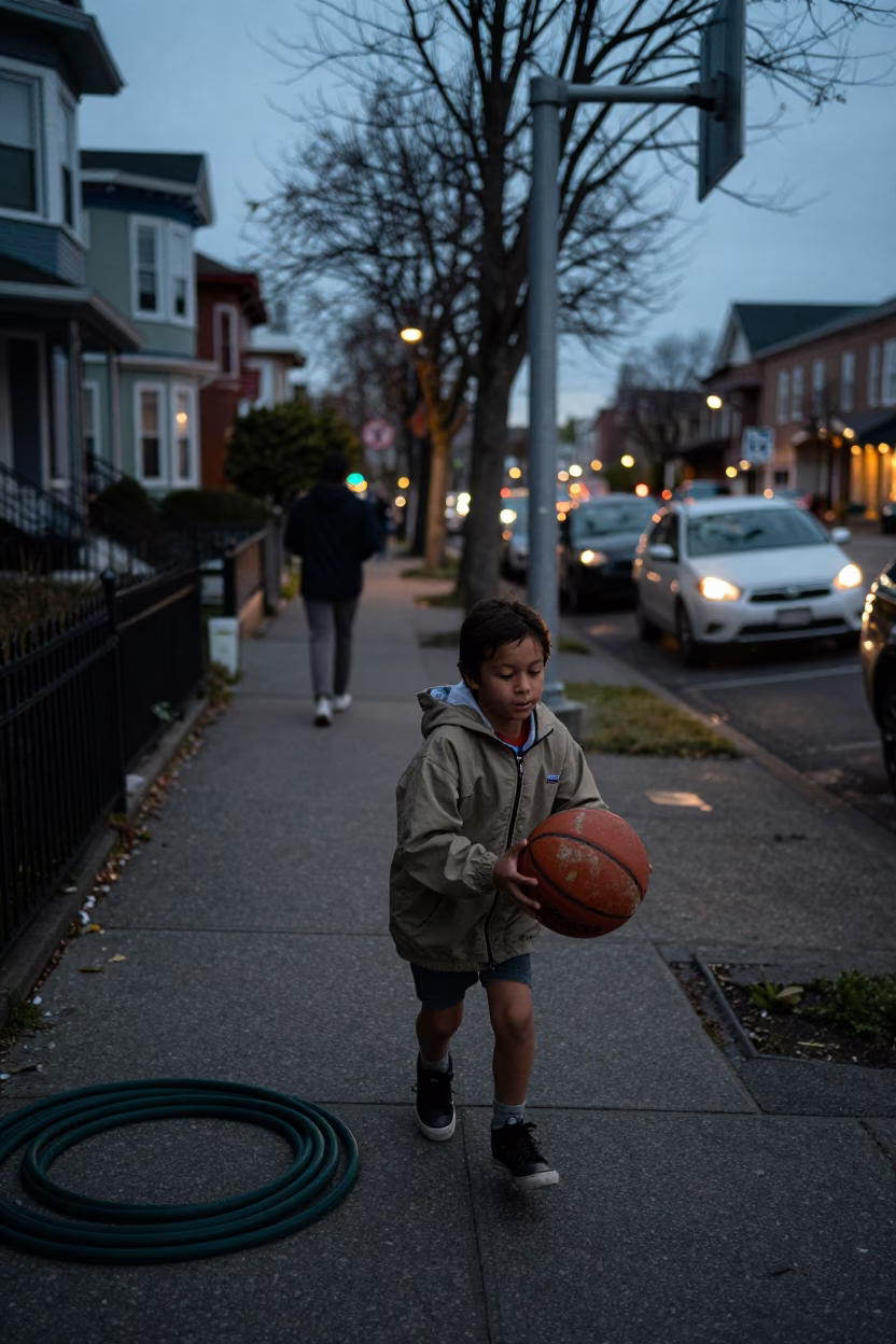 Portland Oregon Twilight Street Scene with Leather Basketball and Hose Nozzle in in Portland, Oregon, United States
