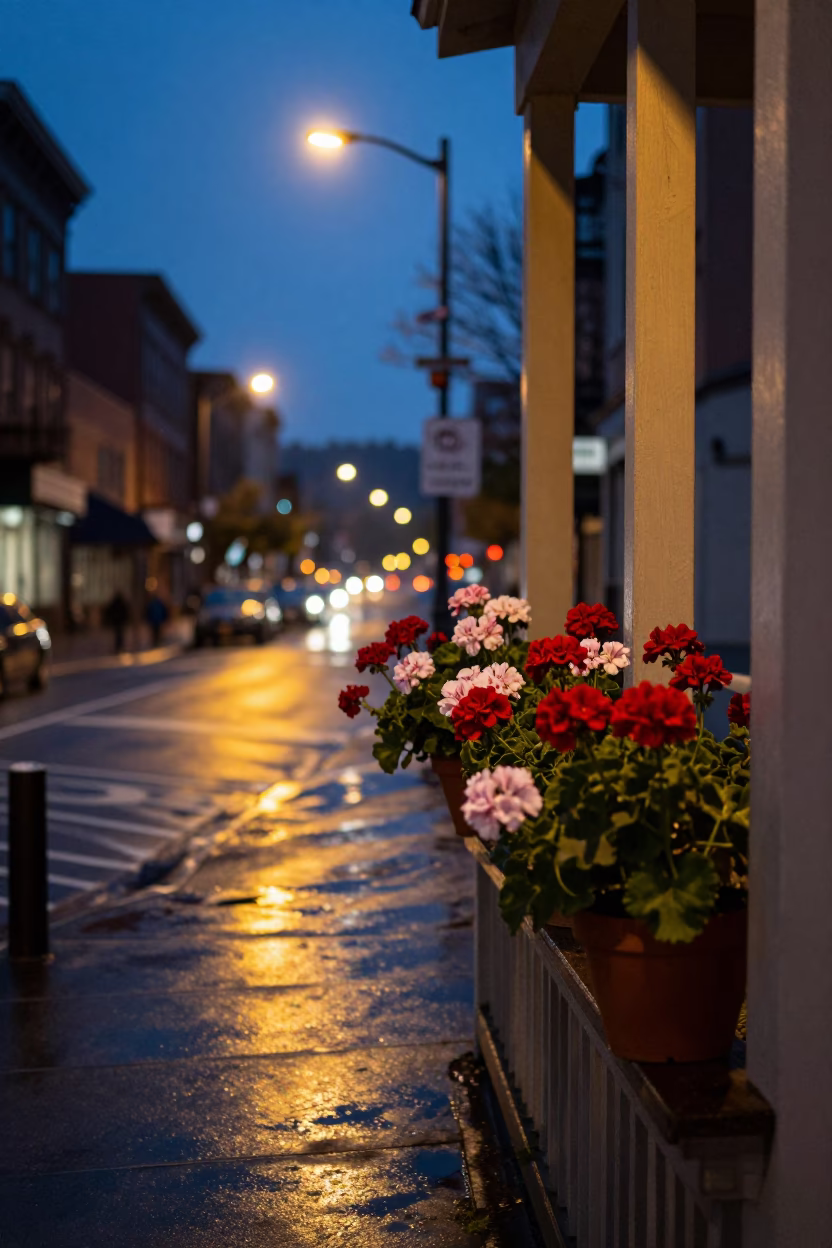 Portland Oregon Twilight Street Scene with Potted Geraniums and Urban Greenery in in Portland, Oregon, United States