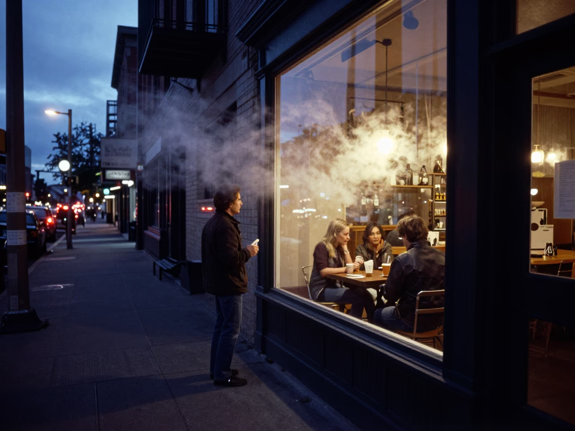Portland Oregon Twilight Street Scene with Steam and Urban Life in in Portland, Oregon, United States