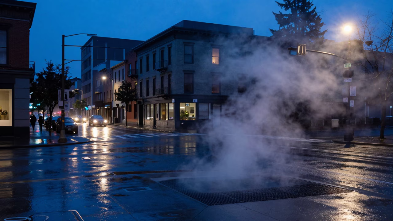 Portland Oregon Twilight Street Scene with Steam Haze and Wet Pavement Reflections in in Portland, Oregon, United States