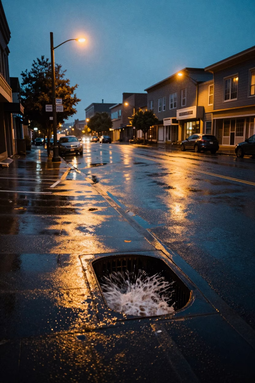 Portland Oregon Twilight Street Scene with Storm Drain Outfall and Swollen River in in Portland, Oregon, United States