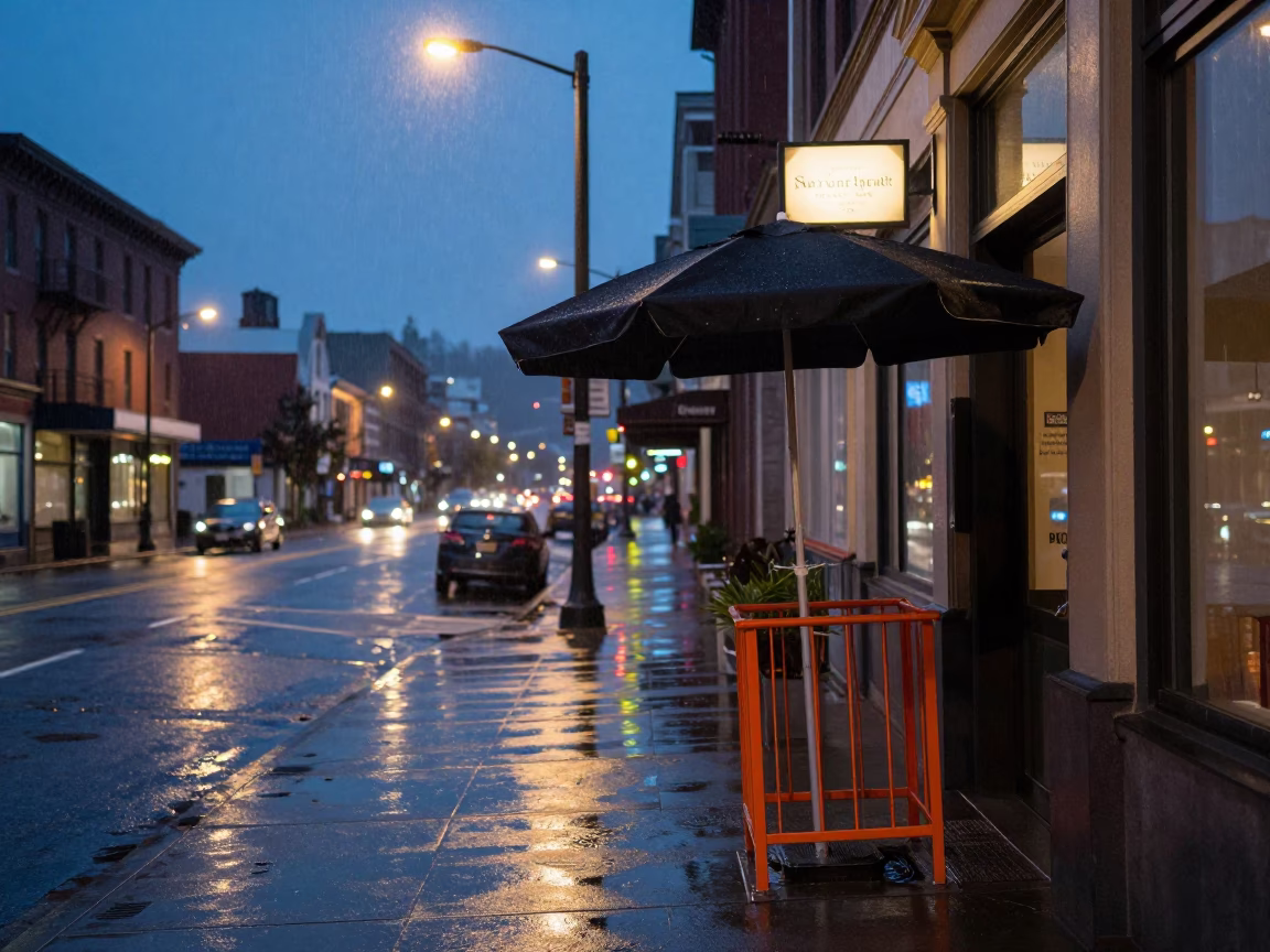 Portland Oregon Twilight Street Scene with Umbrella Stand and Rainy Atmosphere in in Portland, Oregon, United States
