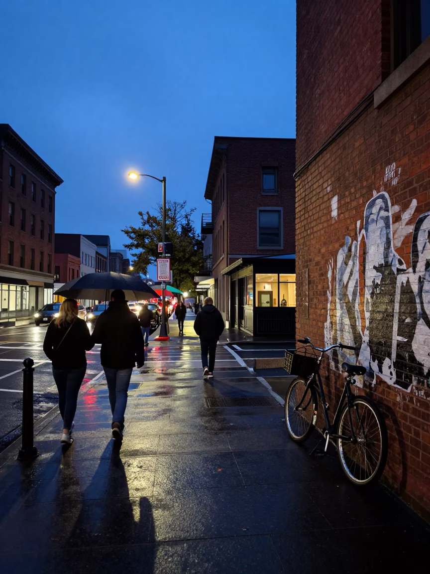 Portland Oregon Twilight Street Scene with Umbrellas and Urban Details in in Portland, Oregon, United States