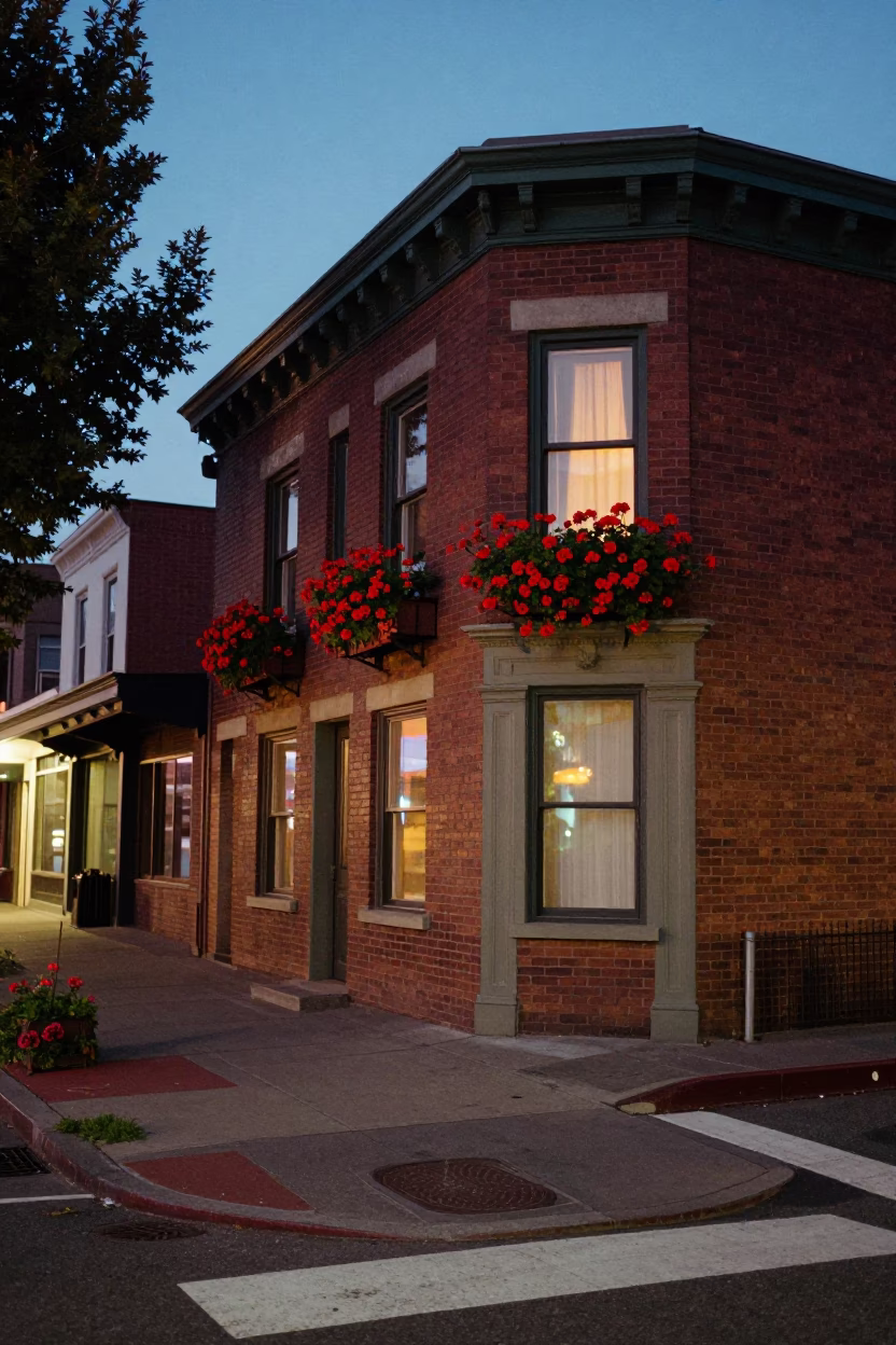 Portland Oregon Twilight Street Scene with Vintage 1950s Architecture and Geraniums in in Portland, Oregon, United States